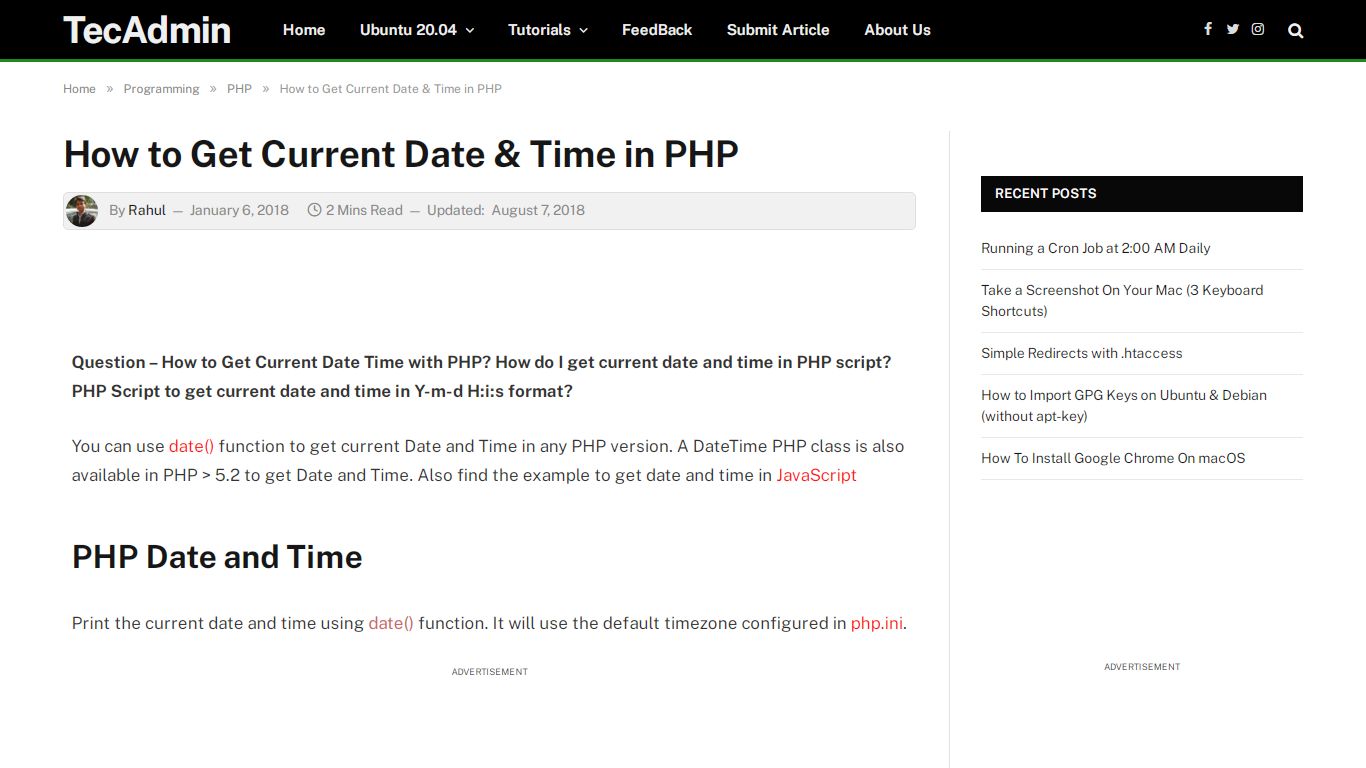 How To Get Current Date & Time in PHP - TecAdmin